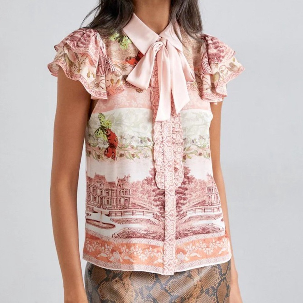 Alice + Olivia Minda Ruffle Blouse Top Versailles Butterfly Pink Bow Tie Neck S
